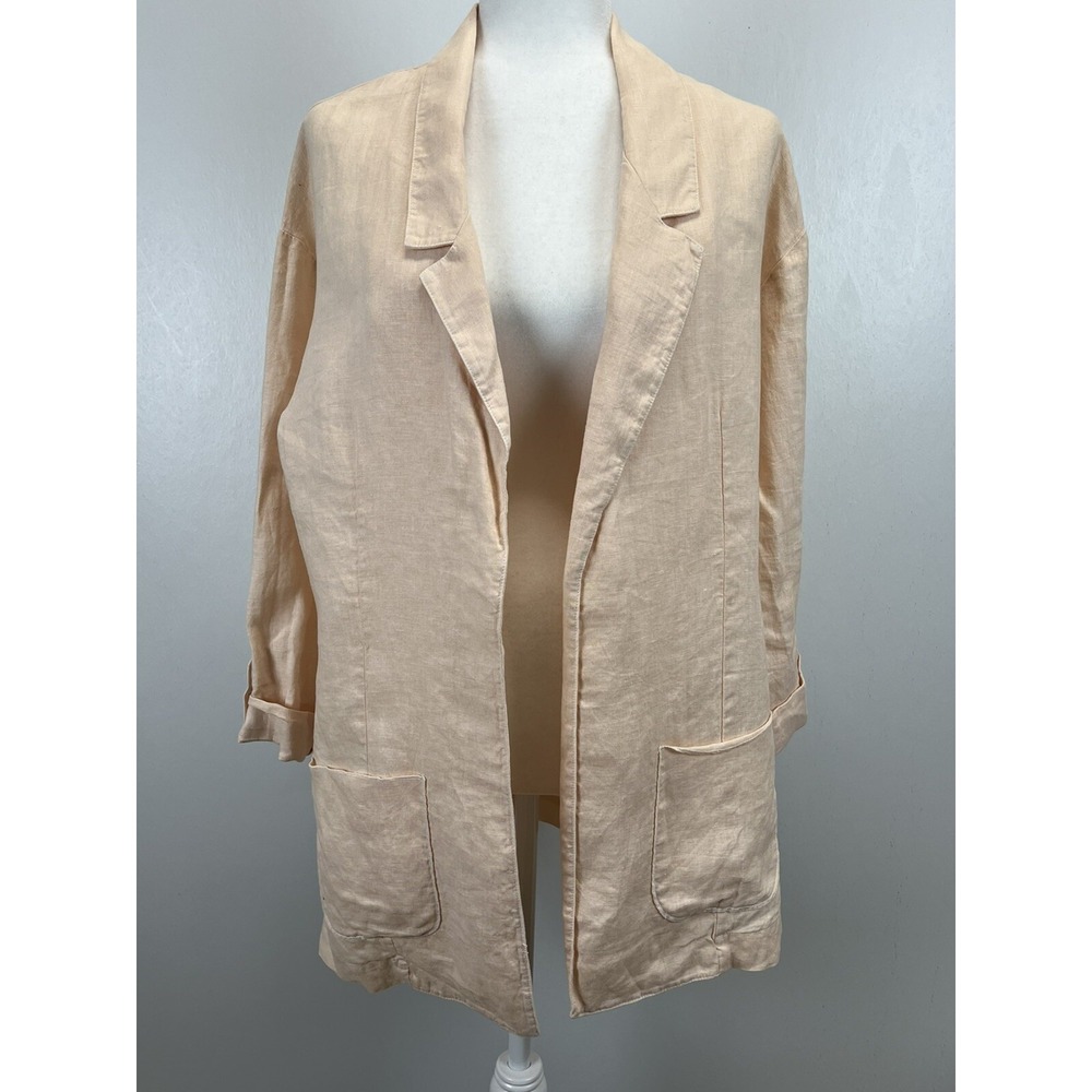 Womens Three Dots 100% Linen Blazer Jacket Sz M VGUC Open Front Pockets USA